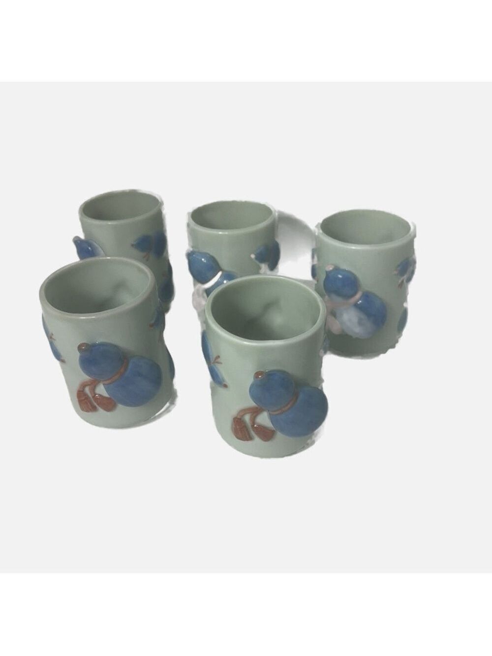 Vintage Tea Cups Ceramic 3D Made in Japan Set of 5 Blue
